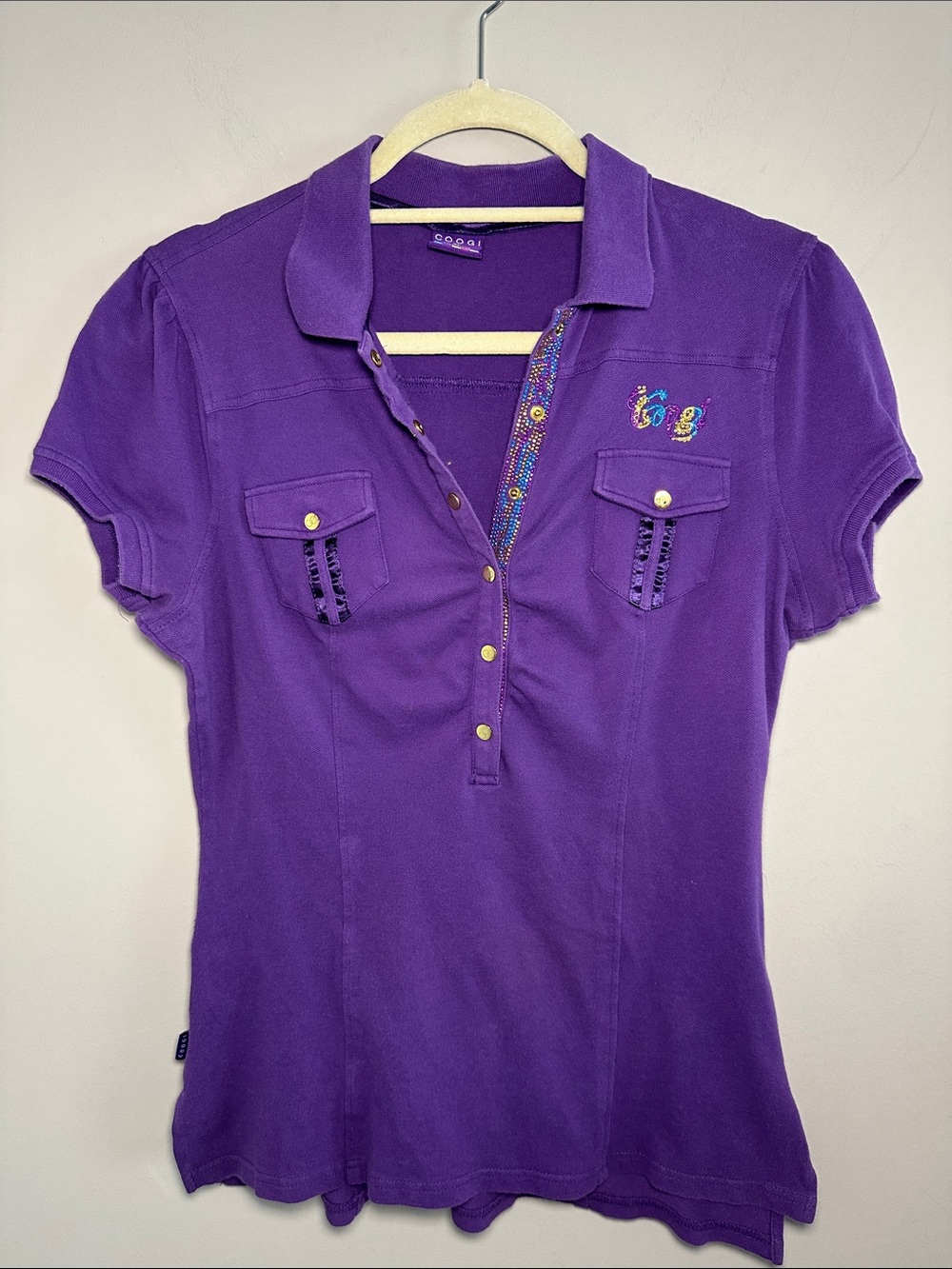 Coogi purple Short-Sleeve Button-Down Polo Top
